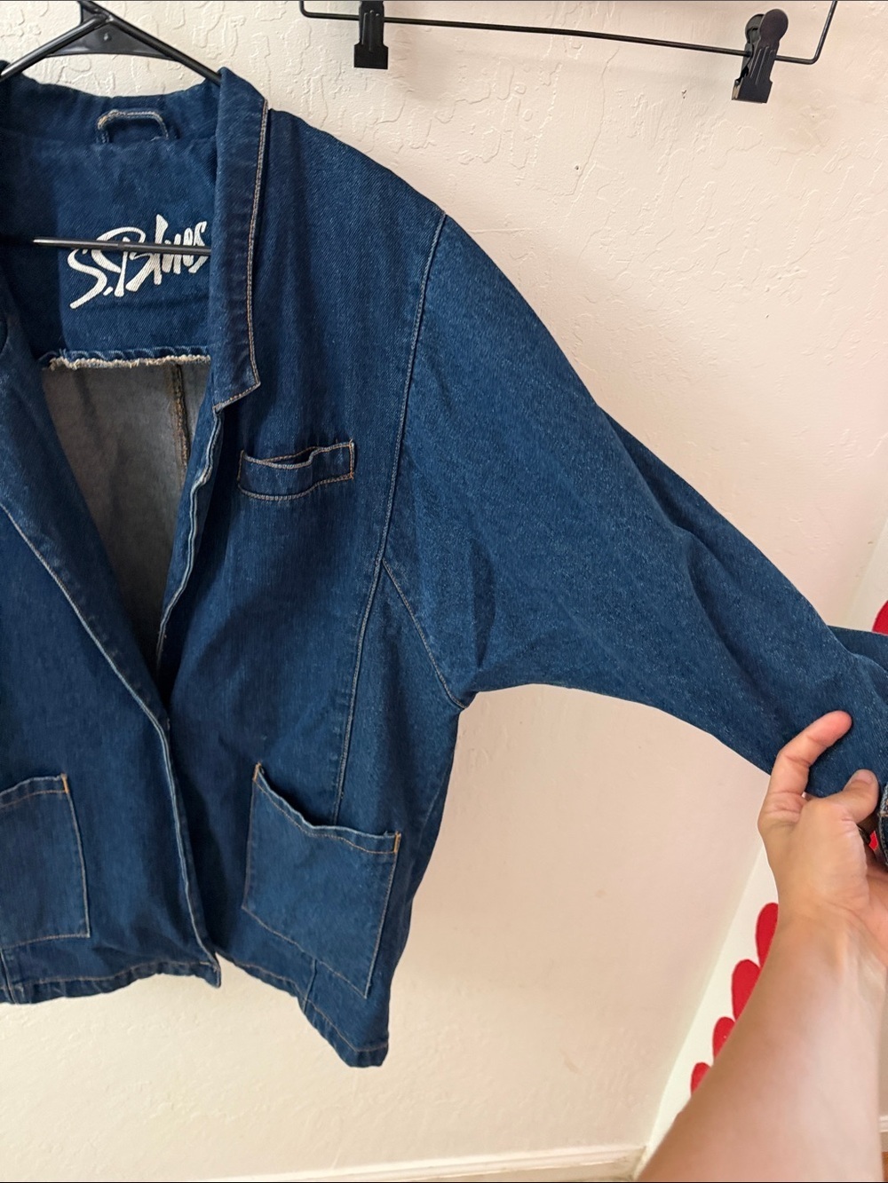S. Blues Denim Chore Jacket Blazer 3/4 Sleeve Pockets Roll Cuff - Picture 4 of 10